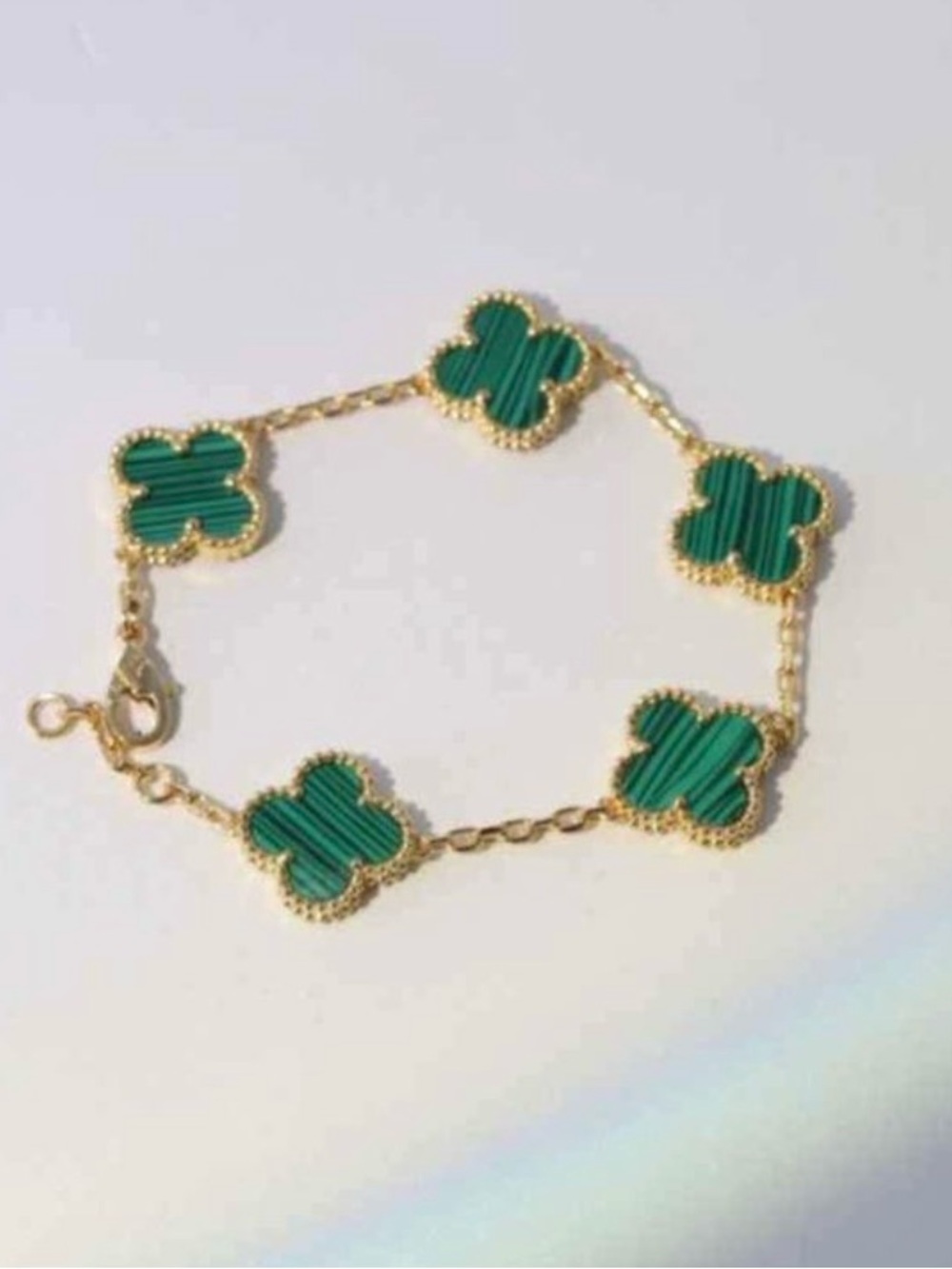 18k Yellow Gold Plated 15mm Green Malachite Clover Chain Link Bracelet